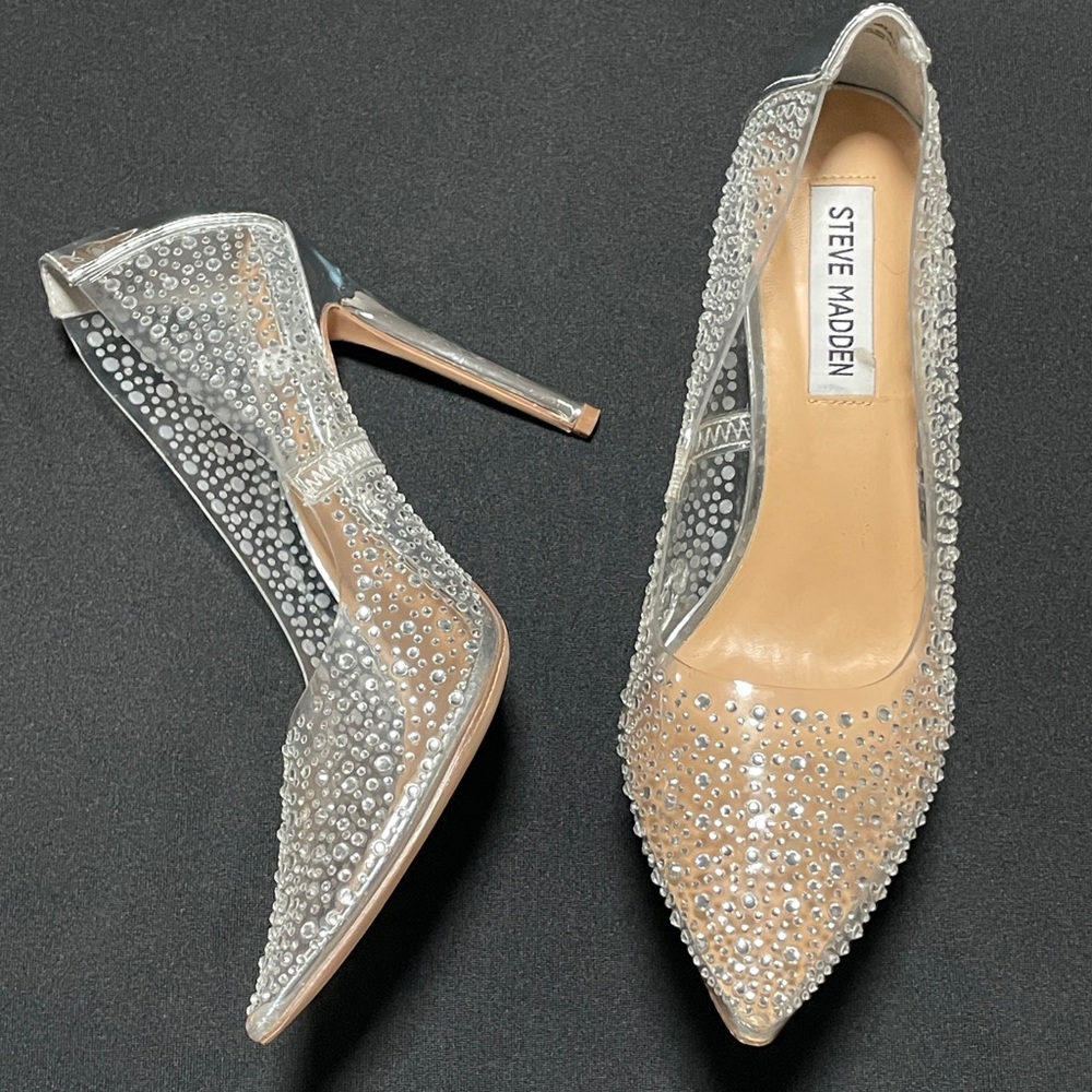STEVE MADDEN Rhinestone Clear Plastic / Silver Stilettos High Heels 6.5